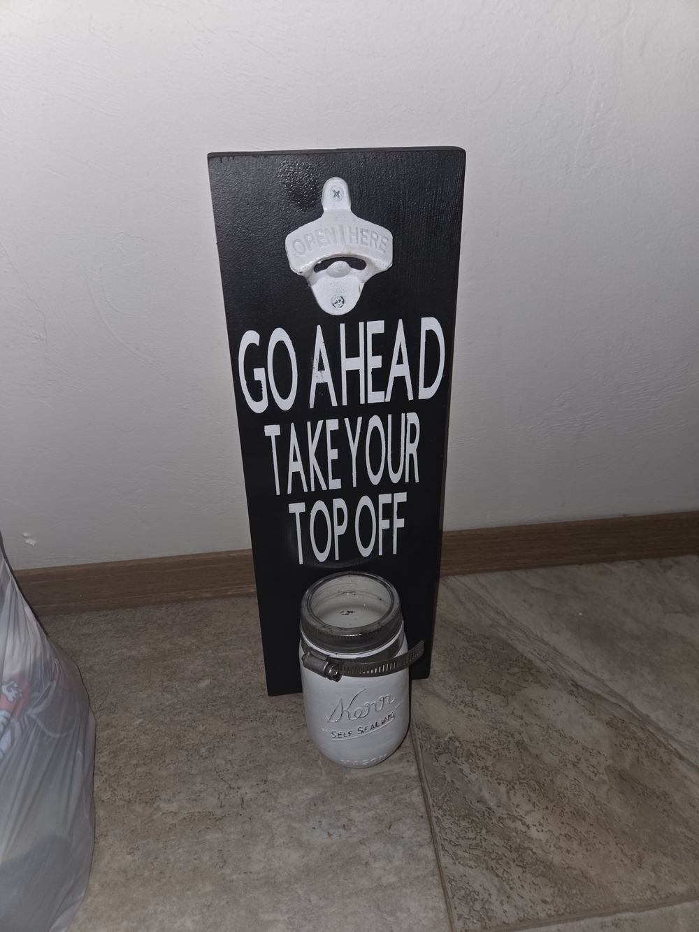Black Wall-Mounted Bottle Opener with White Mason Jar Catch